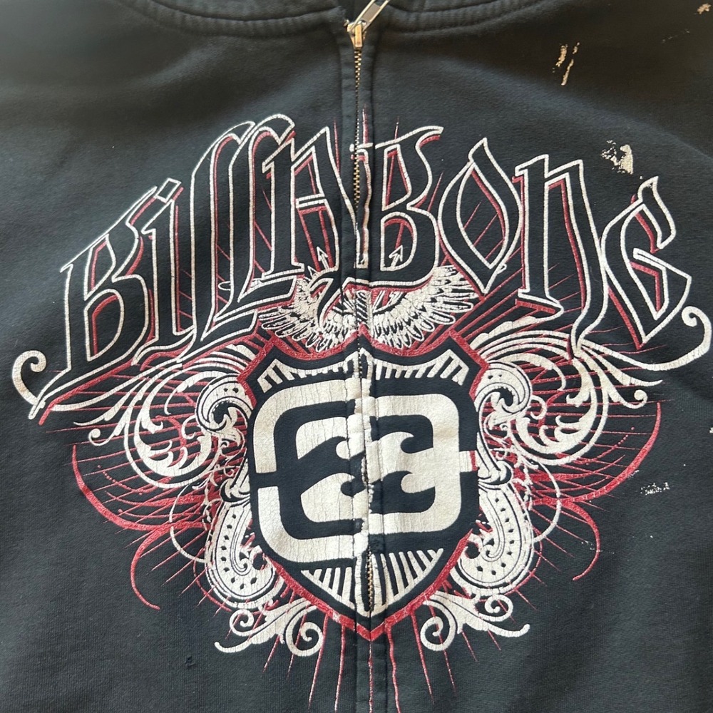 Billabong Mens Black Graphic Full Zip Hoodie Distressed Skater Y2K 0680 - Picture 5 of 11